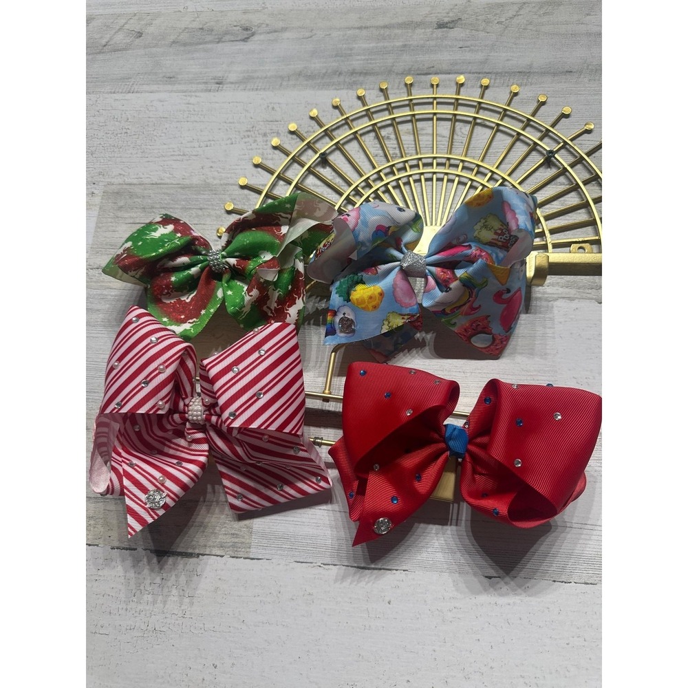 JoJo Siwa Hair Bows Girls OS Multicolor Holiday Rhinestone Pearl 4pc Set‎ EUC
